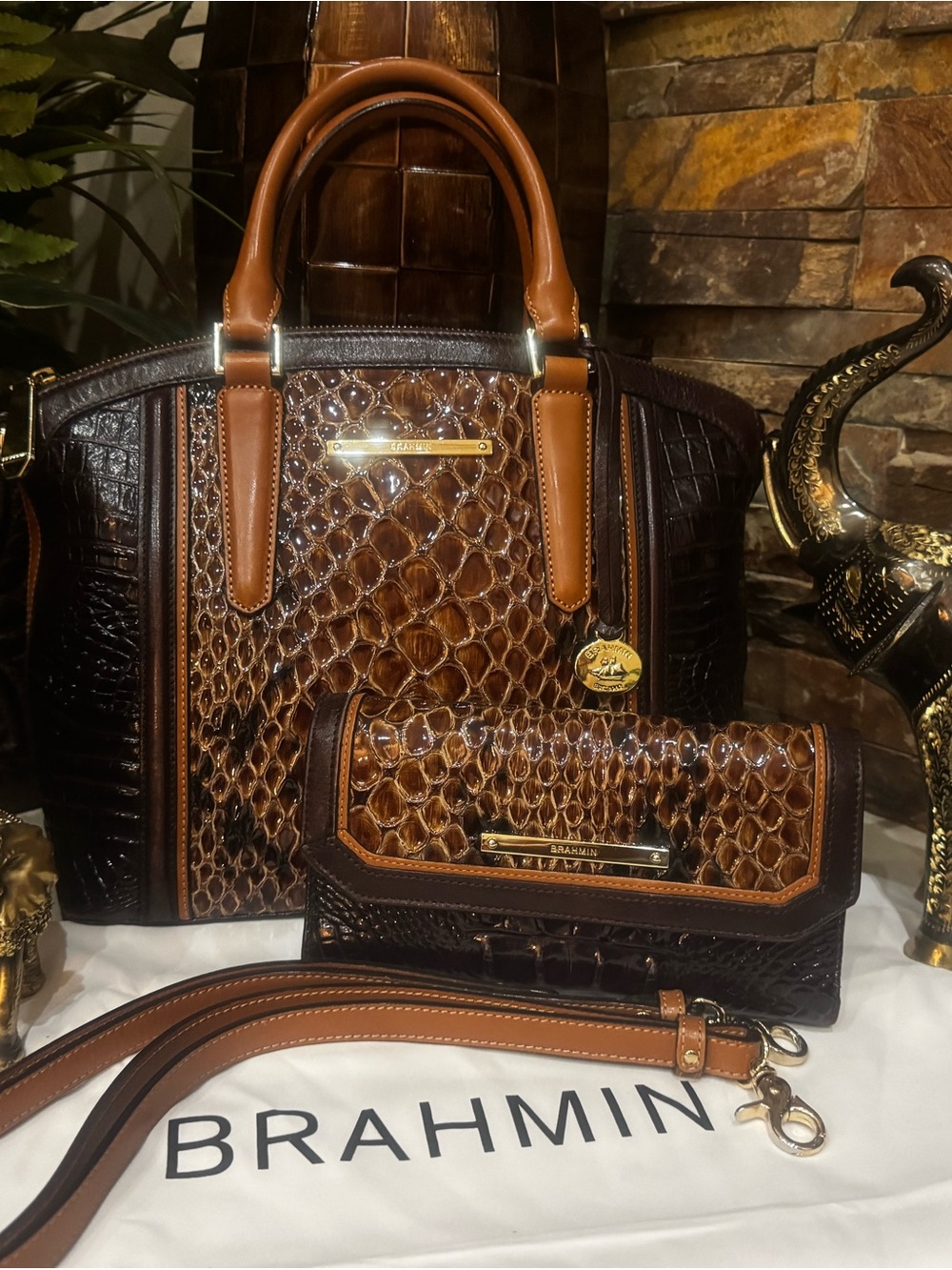 Brahmin Two-Tone Brown Croc-Embossed Satchel with Matching Wallet/checkbook.